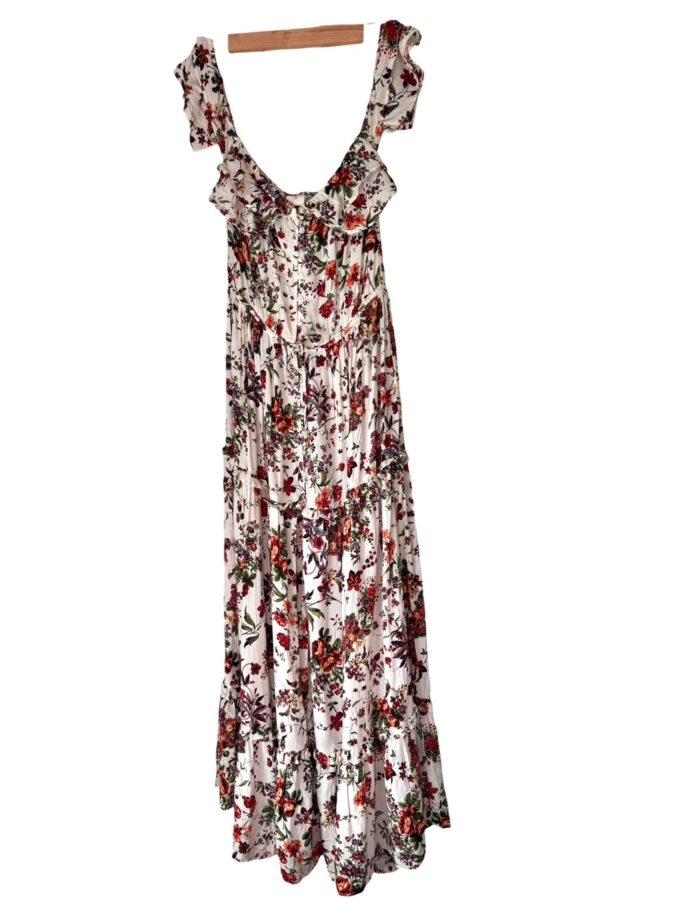 Bali ELF Tiered Floral Maxi Dress Size S/M Ruffled Skirt Handmade Fairy Boho